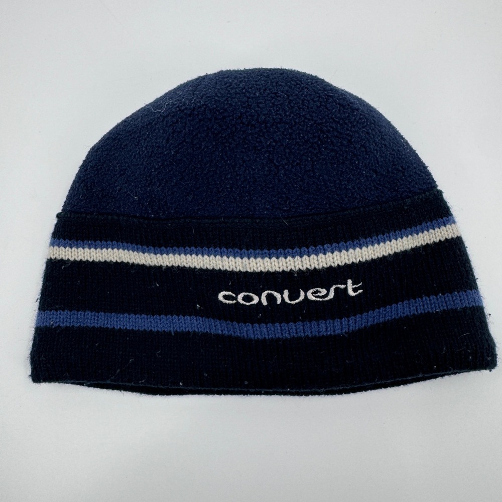 Vintage Columbia Convert Beanie Navy Blue Fleece Striped Knit Hat Made in Canada